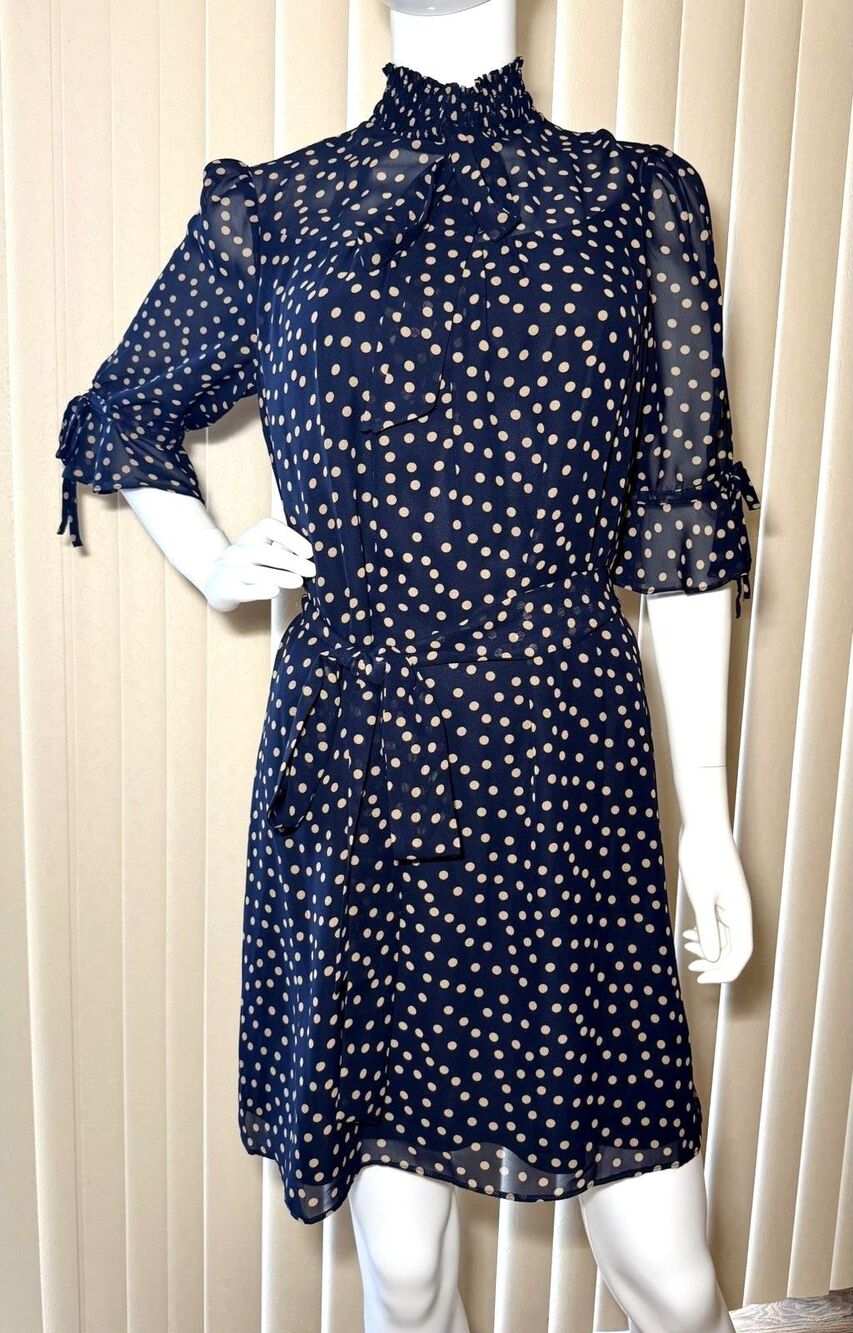 Avec Les Filles Dress 6 Navy Tan Polka Dot Tie Neck Belted Mini Sheer Sleeve